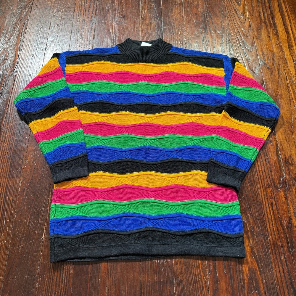 Vintage 90s Rafaella Sweater Women L Striped 3D Coogi Style Knit Mock Neck